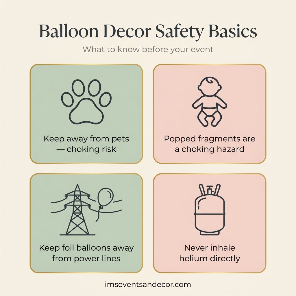 Balloon decor safety guide covering pets, children, power lines and helium