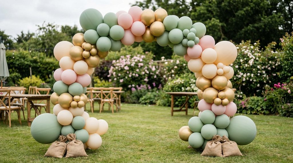 Outdoor balloon arch anchored with weighted sandbag bases at a Georgia event