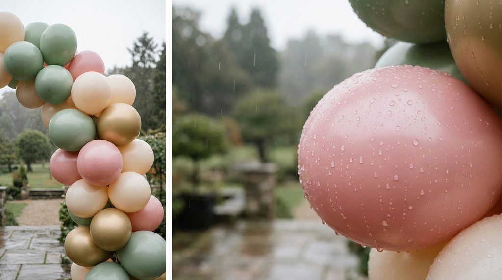 Water droplets beading on a balloon arch during light rain, showing latex is waterproof