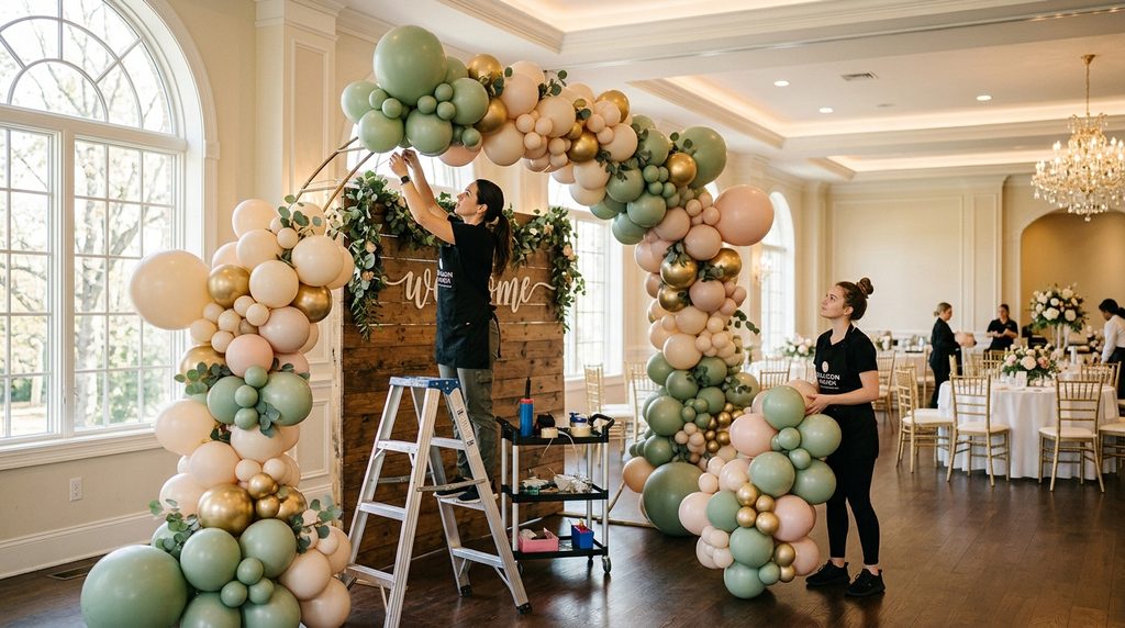 Professional balloon decor crew installing an arch at a Warner Robins event venue