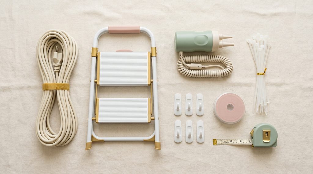 Professional balloon installation toolkit with pump, rigging line, hooks and ladder