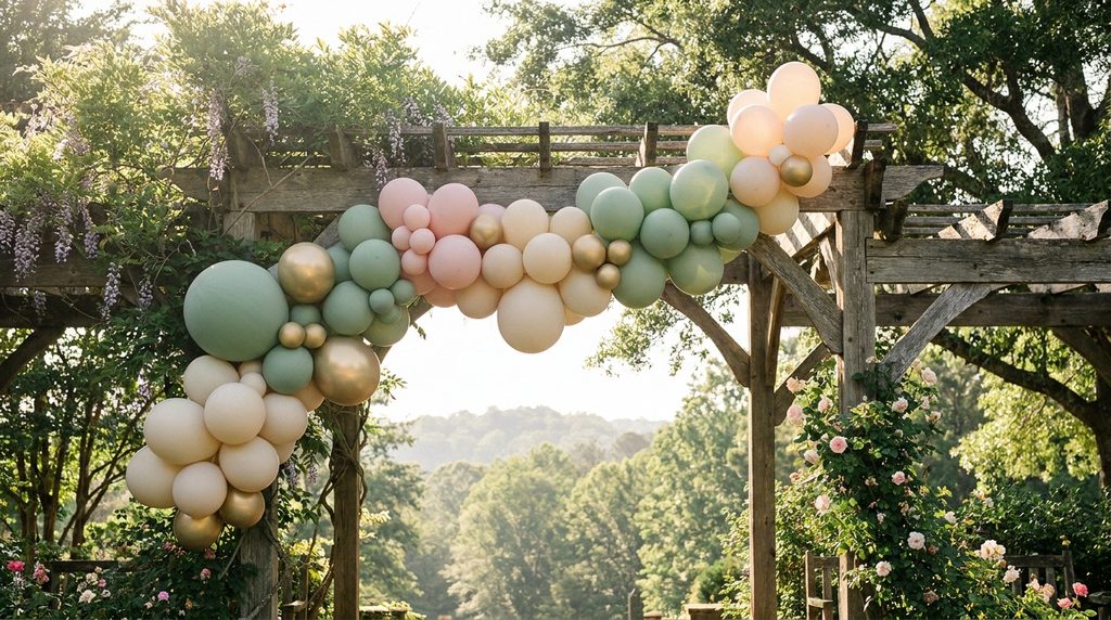 Organic balloon garland in warm Georgia sunlight showing outdoor durability