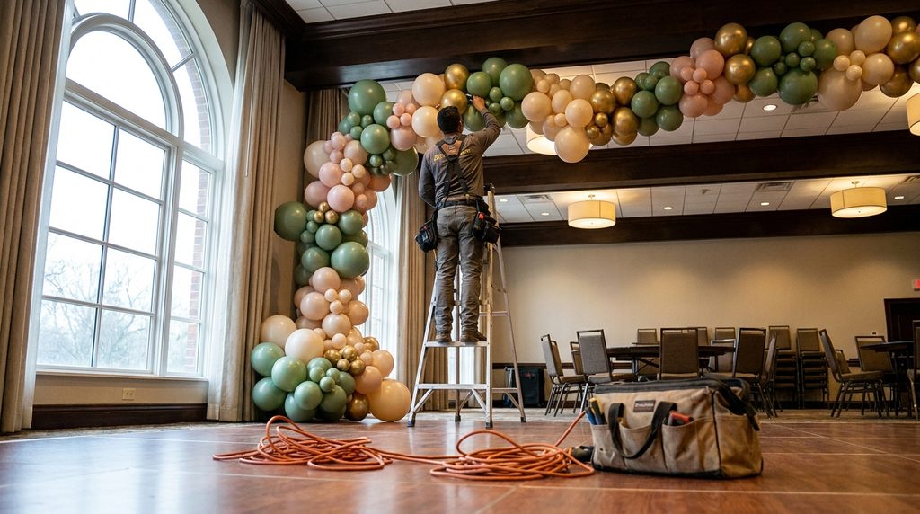 Balloon installer attaching a garland during morning event setup in a Georgia ballroom