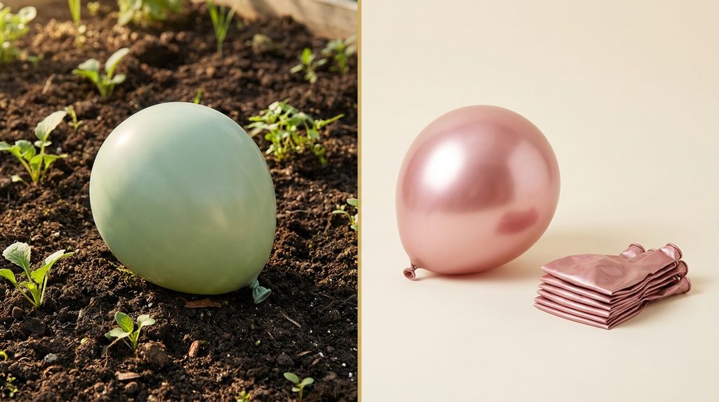Biodegradable latex balloon on soil compared to a reusable foil balloon