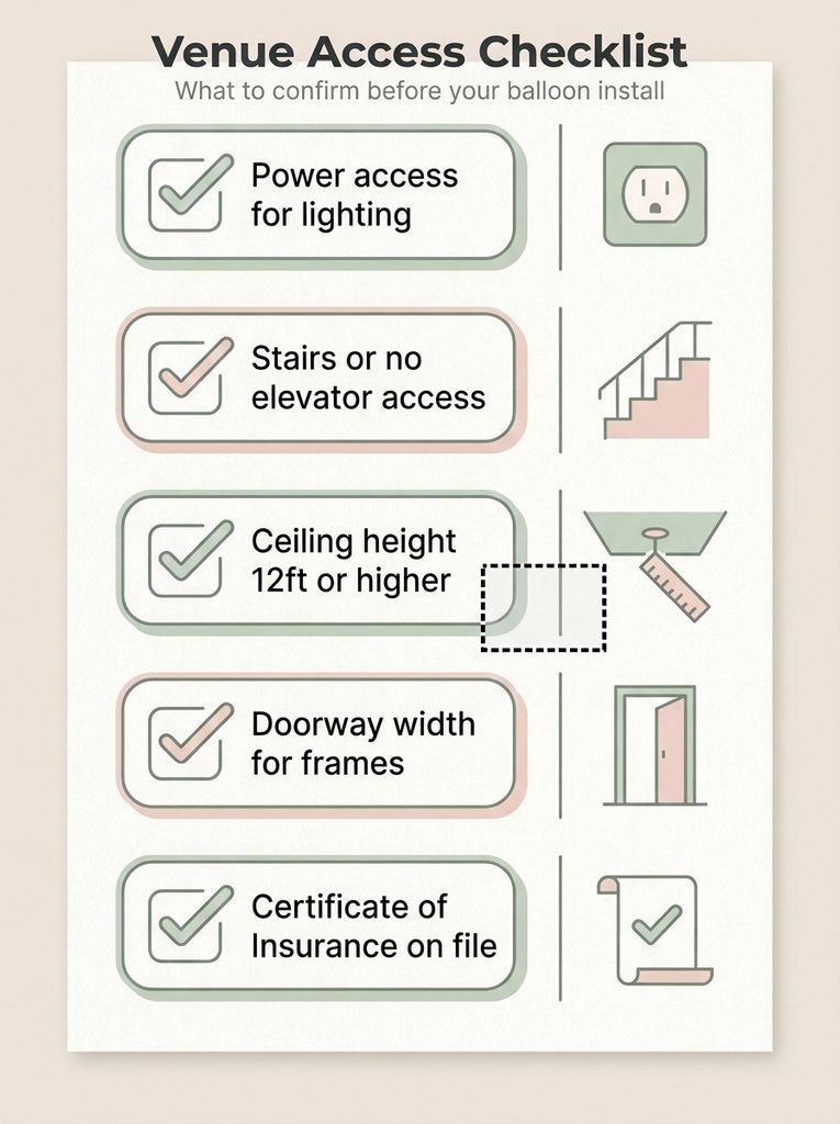 Venue access checklist for booking a balloon decor installation