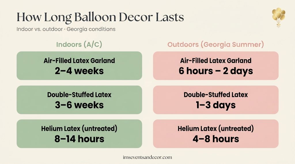 Balloon decor lifespan chart comparing indoor and outdoor durability in Georgia